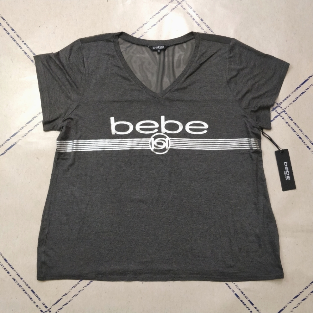 Bebe 2X Mesh Gray Heather Tee Silver Logo